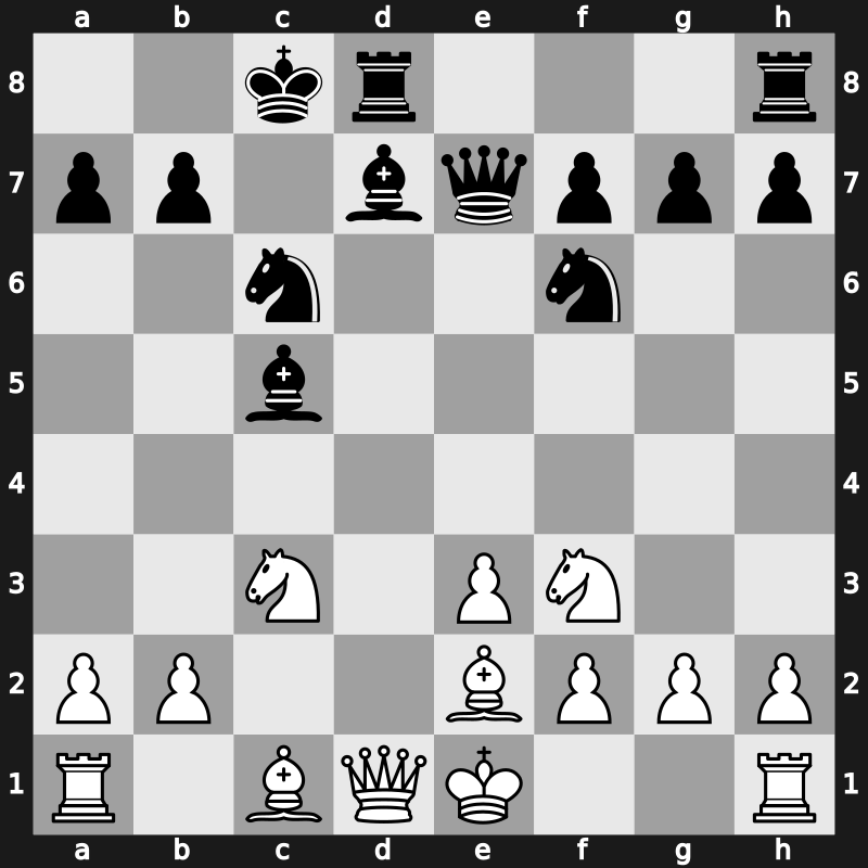 D32i - 4.cxd5 cxd4 5.Qa4+ Bd7 6.Qxd4 exd5 7.Qxd5 Nc6 8.Nf3 Nf6 9.Qd1 Bc5 10.e3 Qe7 11.Be2 O-O-O - von Hennig-Schara Gambit Main Line (11.Be2 O-O-O)