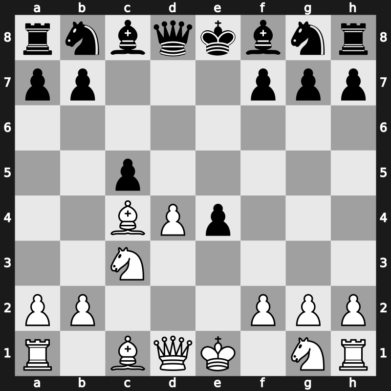 D32l - 4.cxd5 exd5 5.e4 dxe4 6.Bc4 - Marshall Gambit Modern [-0.75]
