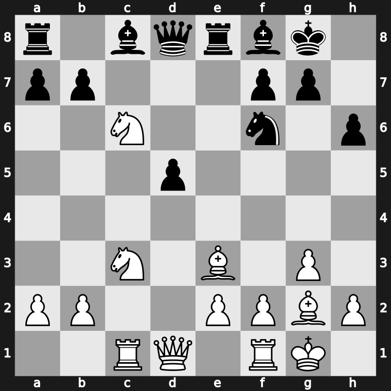 D34y - 8.O-O O-O 9.Bg5 cxd4 10.Nxd4 h6 11.Be3 Re8 12.Rc1 Bf8 13.Nxc6 [+0.12]