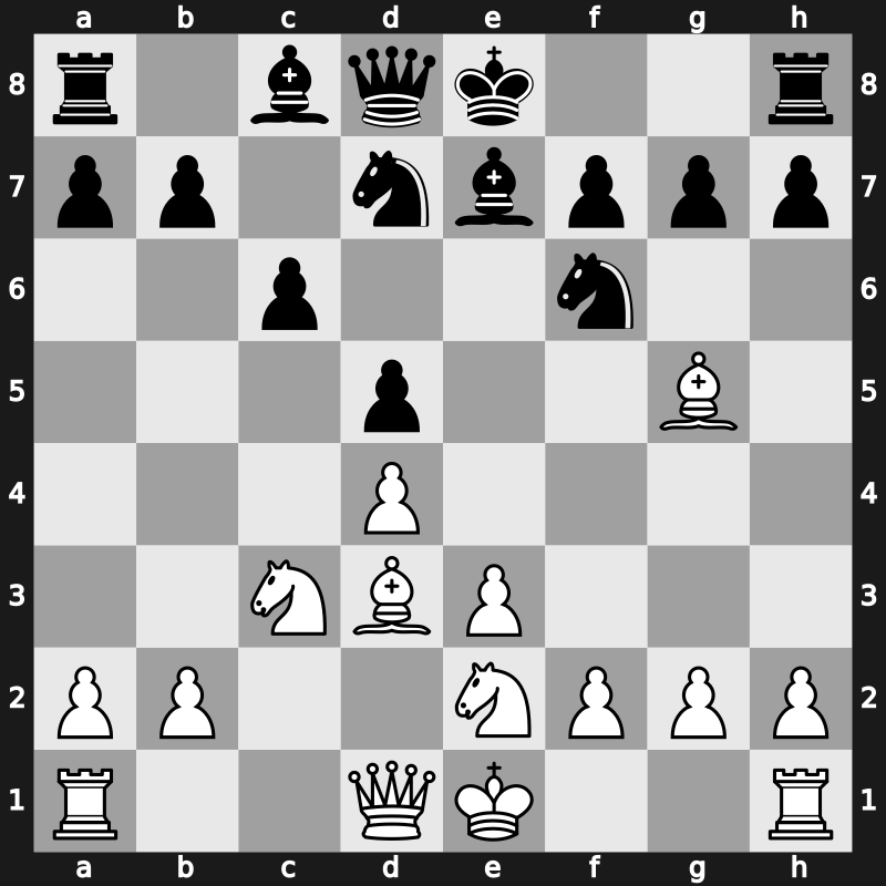 D35t - 4.cxd5 exd5 5.Bg5 c6 6.e3 Be7 7.Bd3 Nbd7 8.Nge2 - Exchange [+0.18]