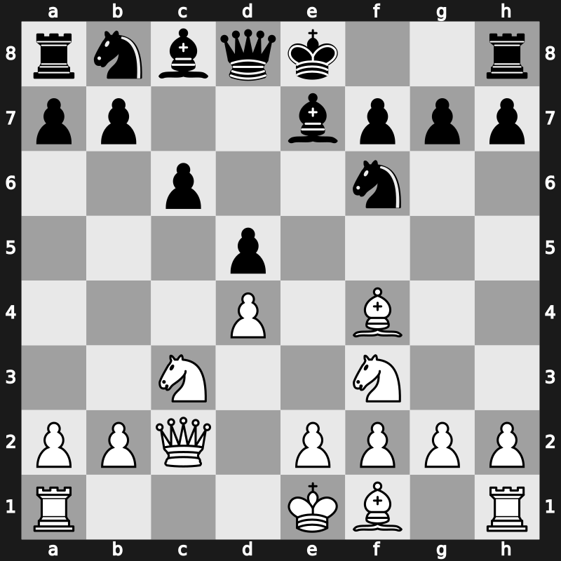 D35h - 4.cxd5 exd5 5.Nf3 Be7 6.Bf4 c6 7.Qc2 - Exchange [+0.00]
