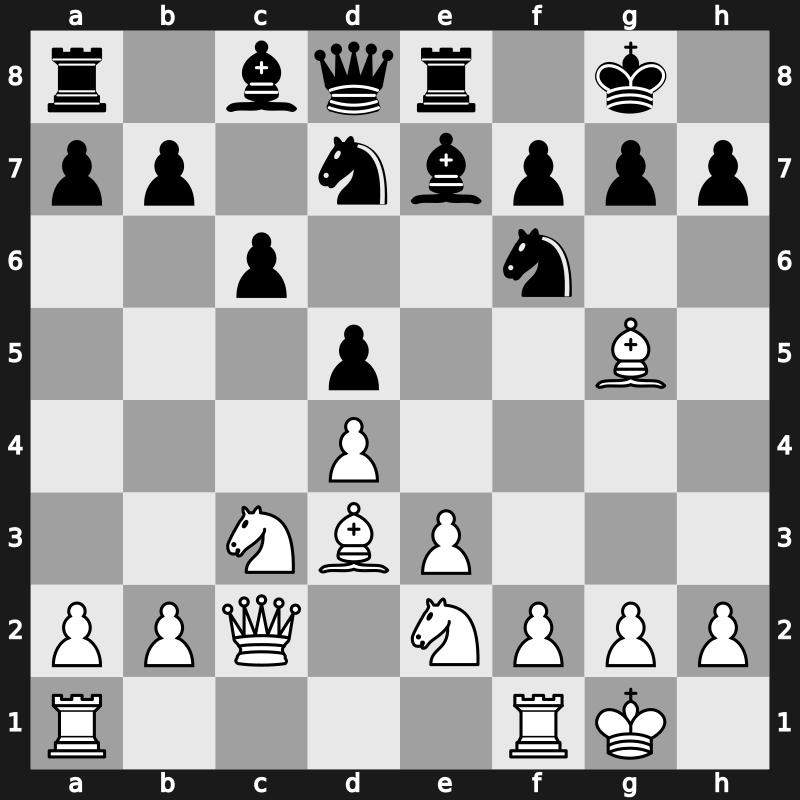 D36m - 6…Be7 7.e3 Nbd7 8.Bd3 O-O 9.Nge2 Re8 10.O-O - Exchange Main Line