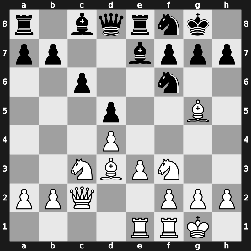 D36v - 6…Be7 7.e3 Nbd7 8.Bd3 O-O 9.Nf3 Re8 10.O-O Nf8 11.Rae1 - Exchange Main Line [+0.37]