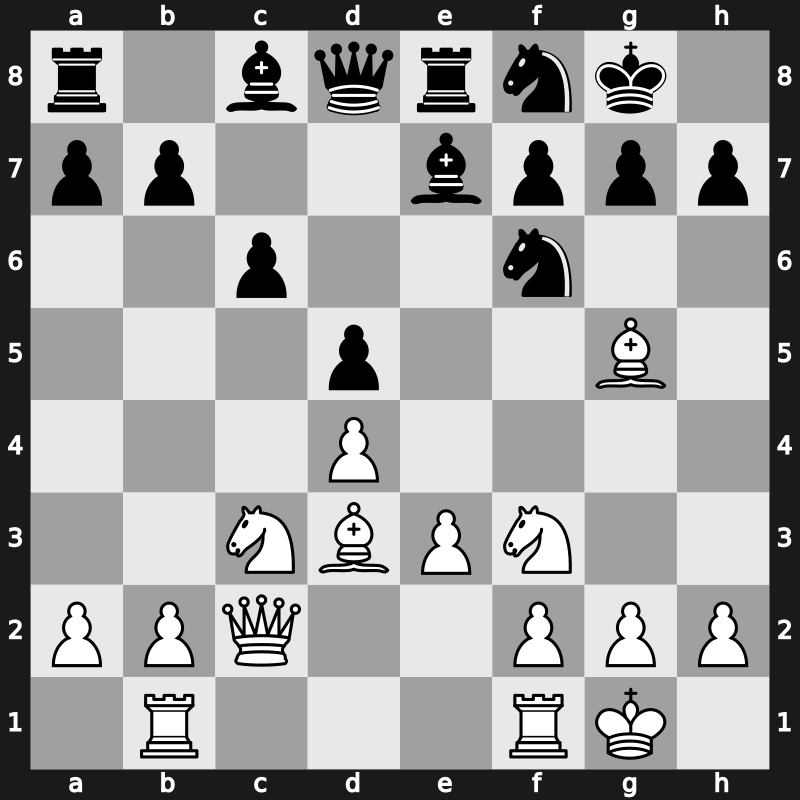 D36y - 6…Be7 7.e3 Nbd7 8.Bd3 O-O 9.Nf3 Re8 10.O-O Nf8 11.Rab1 - Exchange Main Line [+0.26]