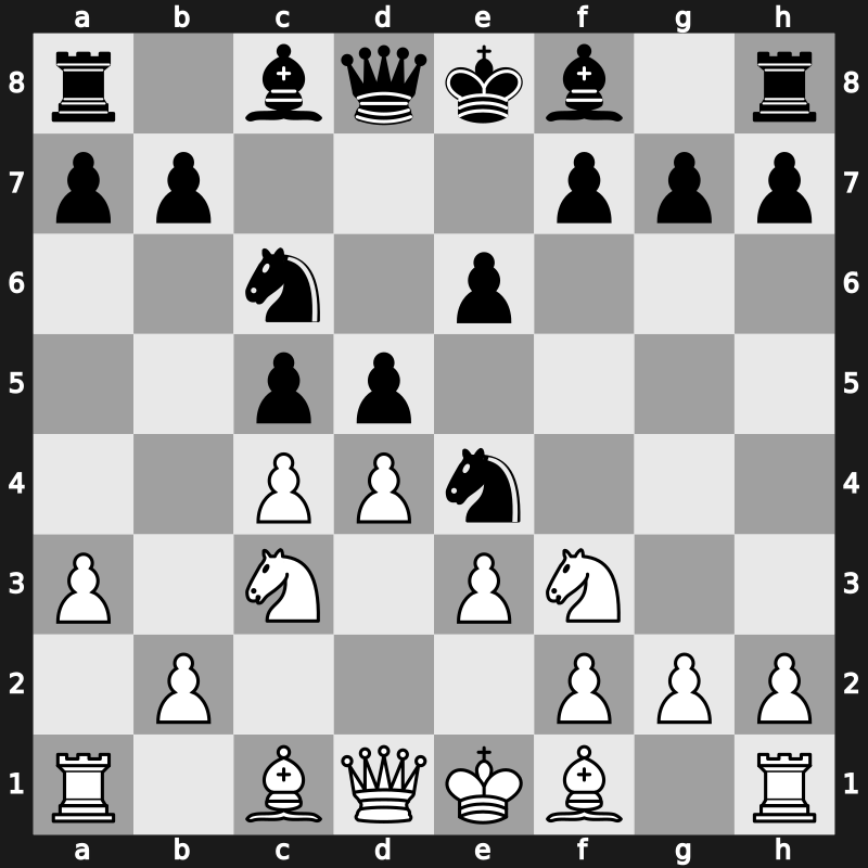 D40j - 5.e3 Nc6 6.a3 Ne4 - Semi-Tarrasch [+0.13]