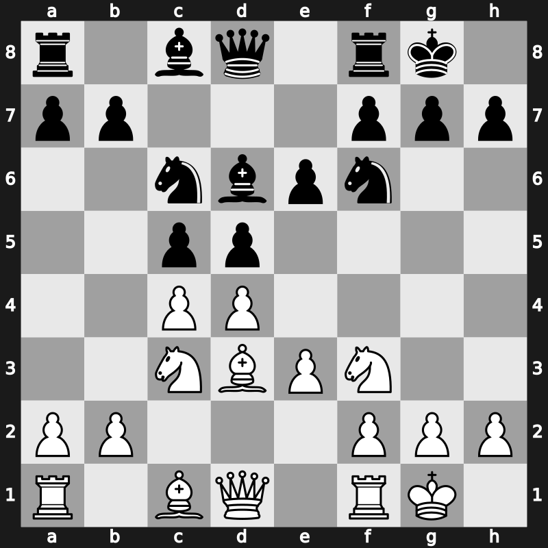 D40h - 5.e3 Nc6 6.Bd3 Bd6 7.O-O O-O - Semi-Tarrasch Symmetrical Variation