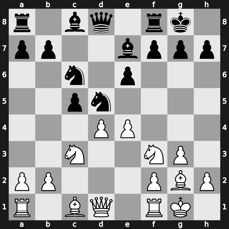 D41e - 5…Nxd5 6.g3 Nc6 7.Bg2 Be7 8.O-O O-O 9.e4 - Semi-Tarrasch Main Line [+0.36]