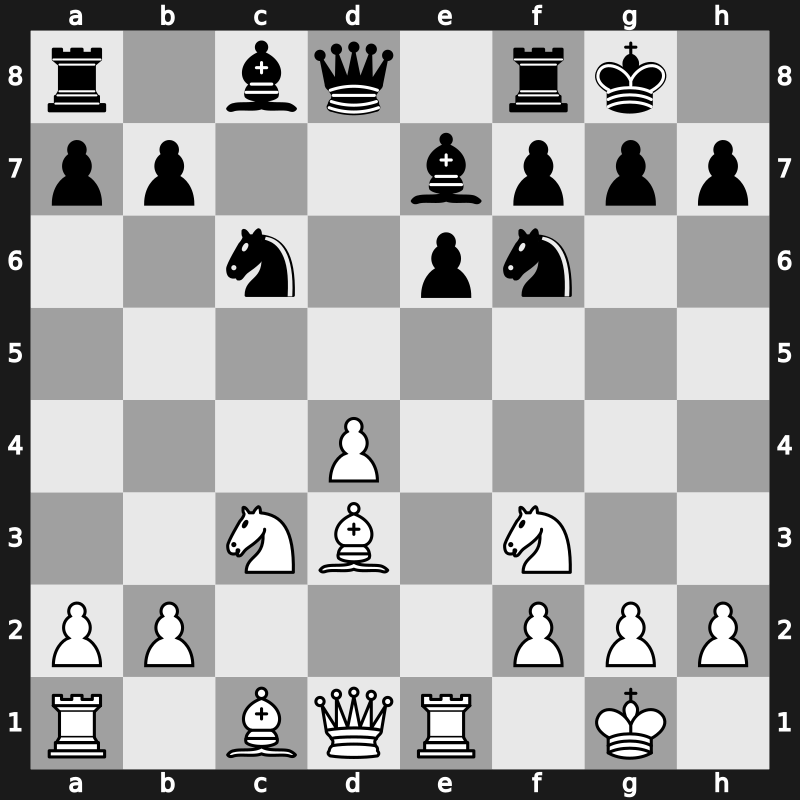 D42l - 7…cxd4 8.exd4 Be7 9.O-O O-O 10.Re1 Nf6 - Semi-Tarrasch (1952)
