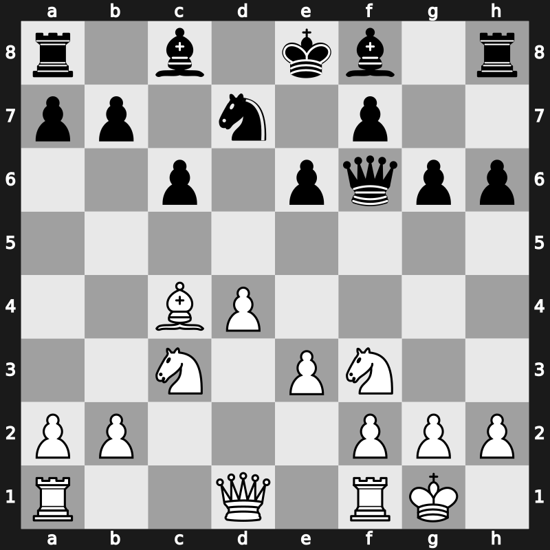 D43v - 5.Bg5 h6 6.Bxf6 Qxf6 7.e3 Nd7 8.Bd3 dxc4 9.Bxc4 g6 10.O-O - Moscow Main Line [+0.13]
