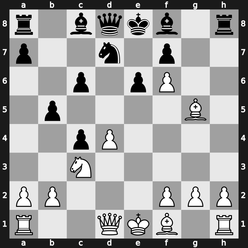 D44o - 6.e4 b5 7.e5 h6 8.Bh4 g5 9.Nxg5 hxg5 10.Bxg5 Nbd7 11.exf6 - Botvinnik Main Line [+0.49]