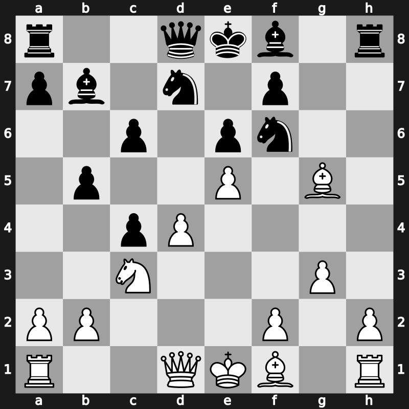 D44m - 6.e4 b5 7.e5 h6 8.Bh4 g5 9.Nxg5 hxg5 10.Bxg5 Nbd7 11.g3 Bb7 - Botvinnik Lilienthal [+0.73]