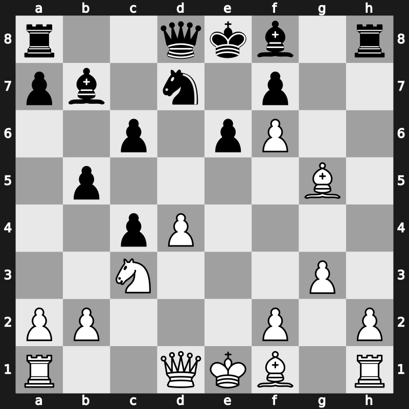 D44p - 6.e4 b5 7.e5 h6 8.Bh4 g5 9.Nxg5 hxg5 10.Bxg5 Nbd7 11.exf6 Bb7 12.g3 - Botvinnik Main Line [+0.63]