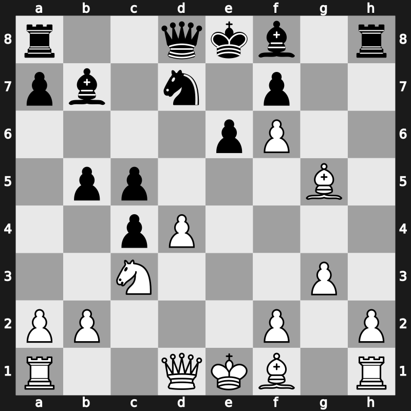 D44q - 6.e4 b5 7.e5 h6 8.Bh4 g5 9.Nxg5 hxg5 10.Bxg5 Nbd7 11.exf6 Bb7 12.g3 c5 - Botvinnik Main Line [+0.58]