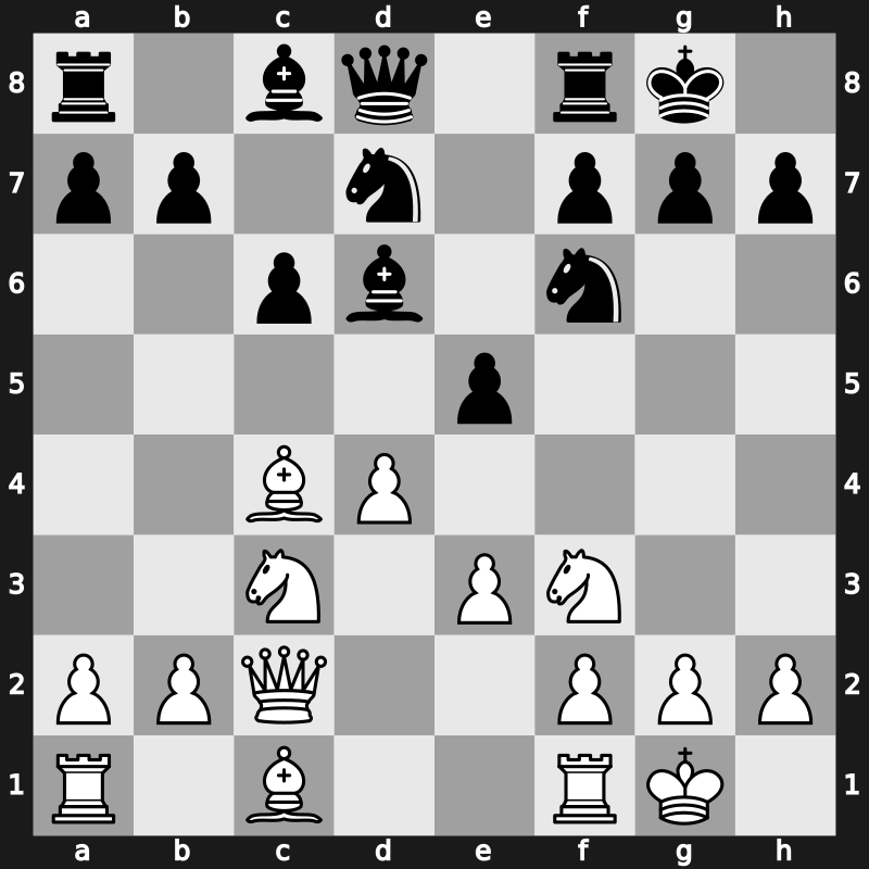 D46i - 6…Bd6 7.Qc2 O-O 8.O-O dxc4 9.Bxc4 e5 - Chigorin Main Line [+0.25]
