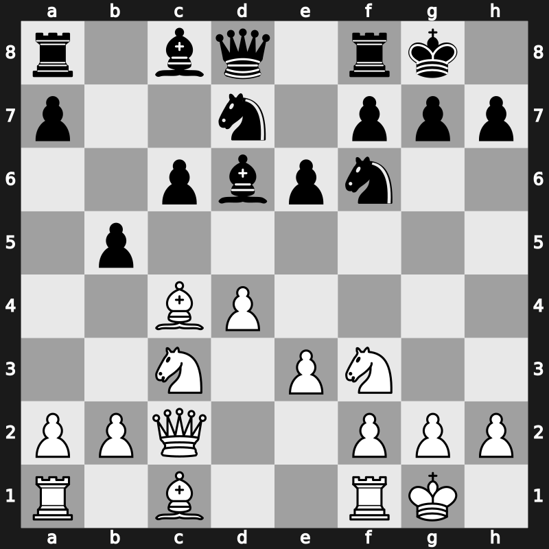 D46l - 6…Bd6 7.Qc2 O-O 8.O-O dxc4 9.Bxc4 b5 - Chigorin Main Line [+0.31]