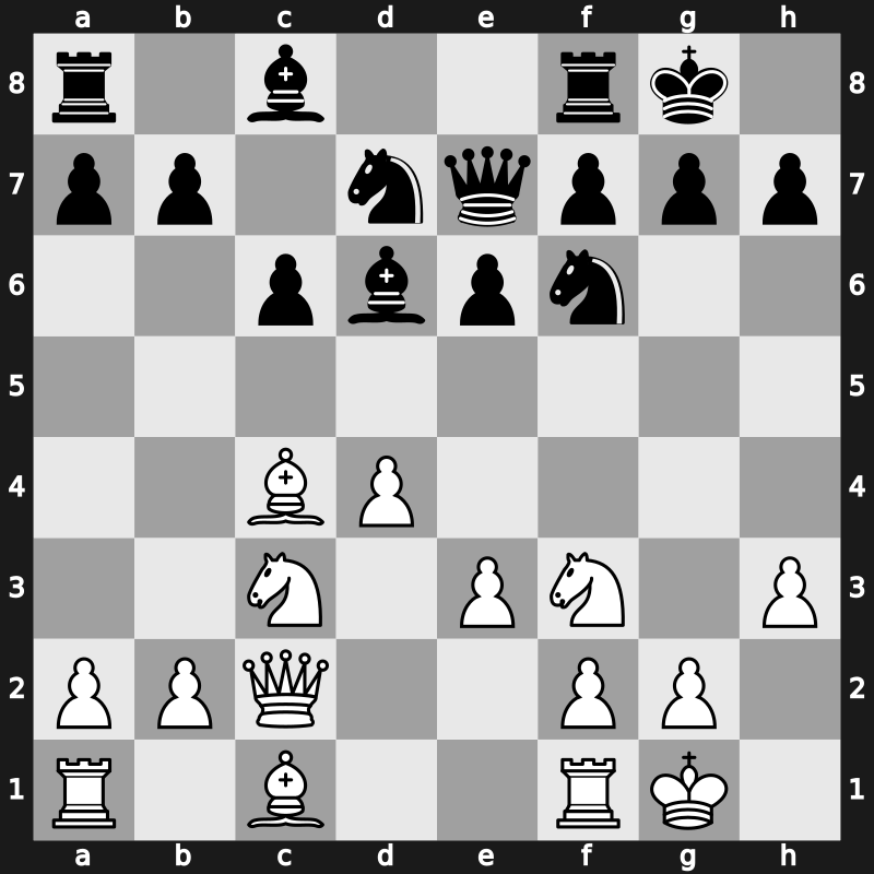 D46j - 6…Bd6 7.Qc2 O-O 8.O-O dxc4 9.Bxc4 Qe7 10.h3 - Chigorin Main Line [+0.28]