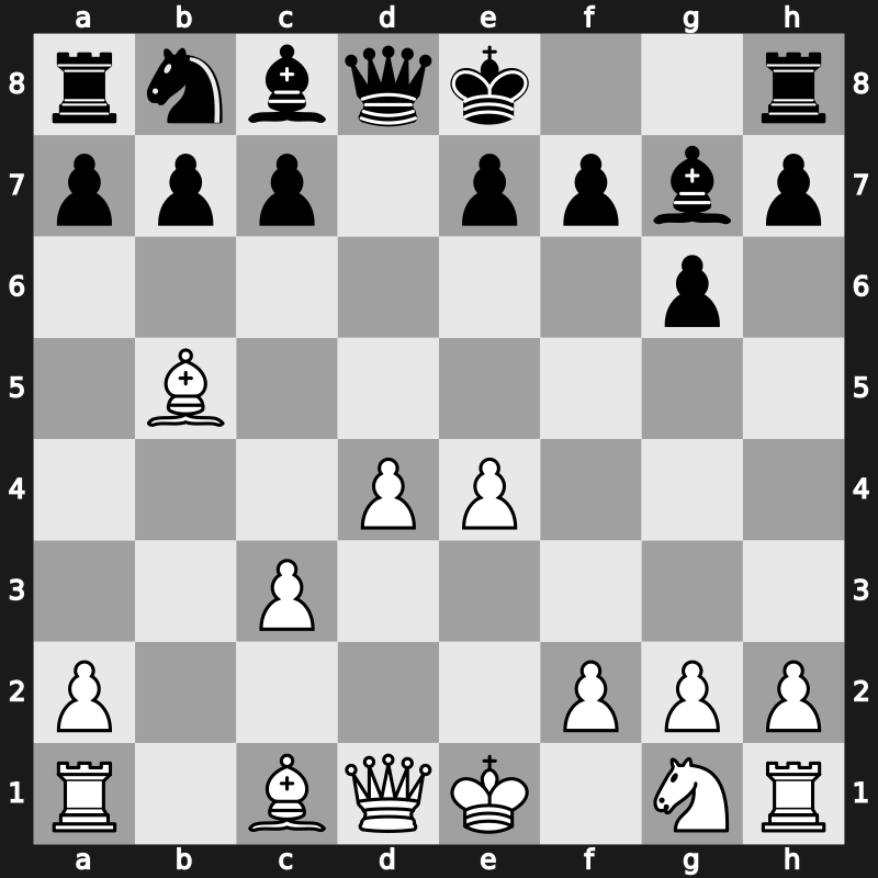 D85e - 4…Nxd5 5.e4 Nxc3 6.bxc3 Bg7 7.Bb5+ - Exchange [+0.07]