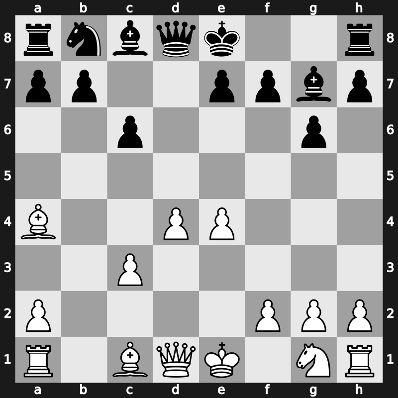 D85e - 4…Nxd5 5.e4 Nxc3 6.bxc3 Bg7 7.Bb5+ c6 8.Ba4 - Exchange [-0.10]
