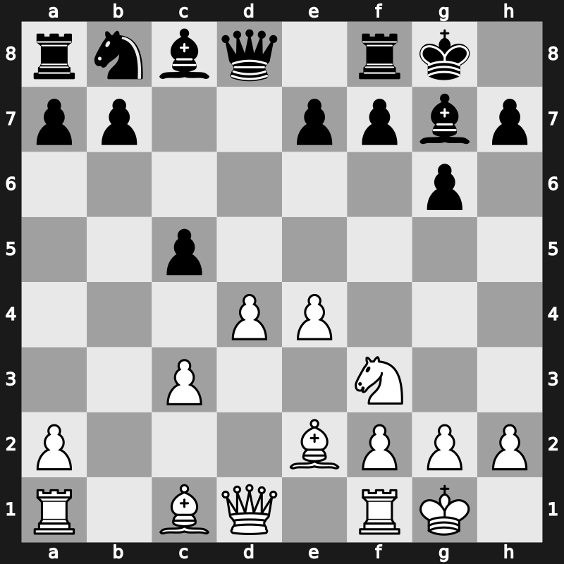 D85l - 4…Nxd5 5.e4 Nxc3 6.bxc3 Bg7 7.Nf3 c5 8.Be2 O-O 9.O-O - Modern Exchange [+0.57]