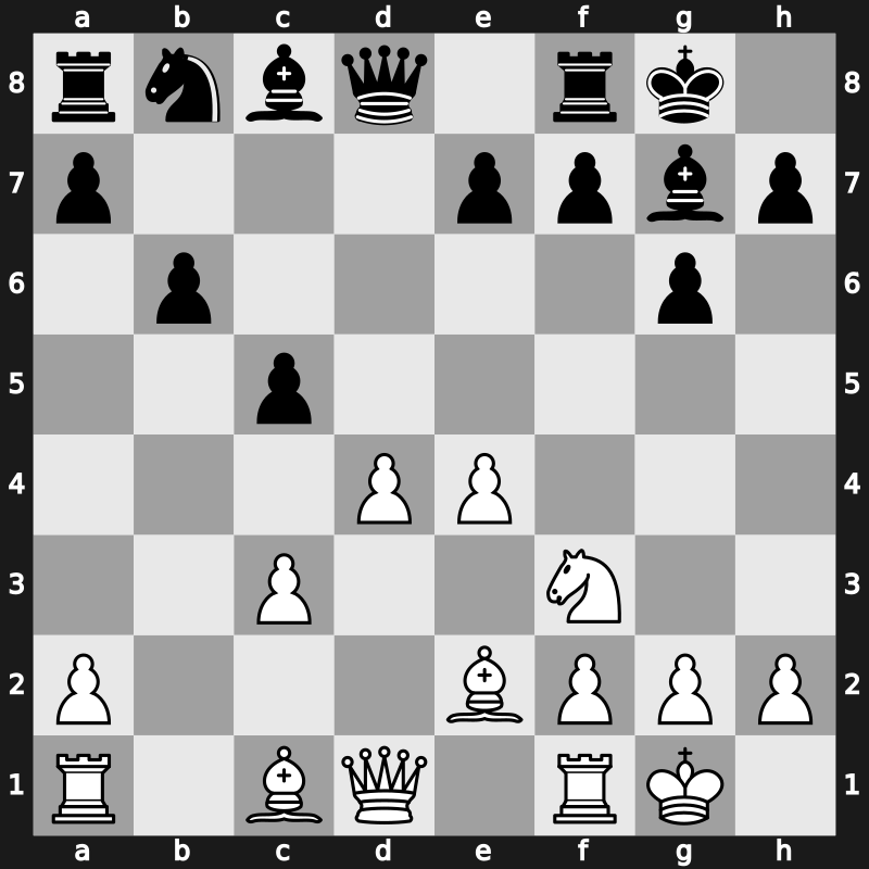 D85l - 4…Nxd5 5.e4 Nxc3 6.bxc3 Bg7 7.Nf3 c5 8.Be2 O-O 9.O-O b6 - Modern Exchange [+0.75]