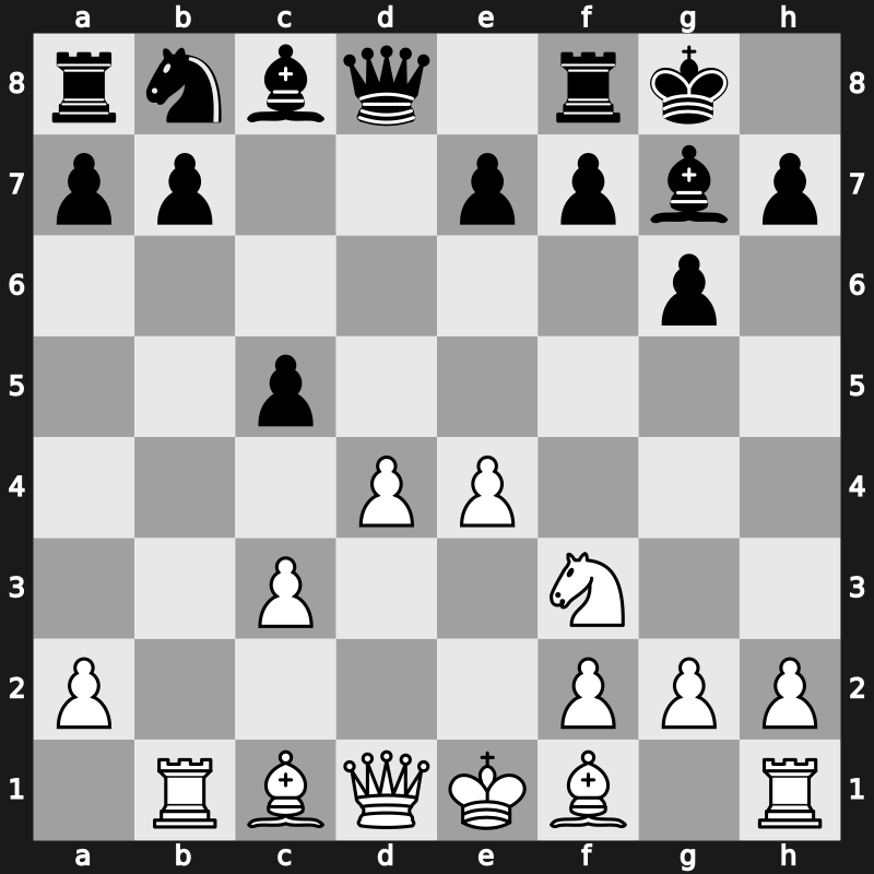 D85m - 4…Nxd5 5.e4 Nxc3 6.bxc3 Bg7 7.Nf3 c5 8.Rb1 O-O - Modern Exchange [+0.21]