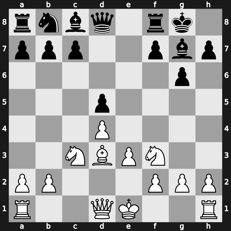 D91r - 5…Ne4 6.cxd5 Nxg5 7.Nxg5 e6 8.Nf3 exd5 9.e3 O-O 10.Bd3 [-0.33]