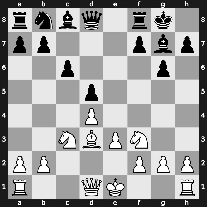 D91r - 5…Ne4 6.cxd5 Nxg5 7.Nxg5 e6 8.Nf3 exd5 9.e3 O-O 10.Bd3 c6