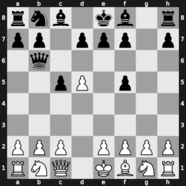 A45r - 2.Bg5 c5 3.Bxf6 gxf6 4.d5 Qb6 5.Qc1 f5 - Trompowsky: [+0.11]
