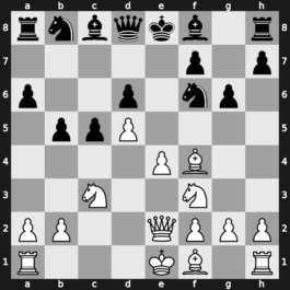 A65e - 6…g6 7.Bf4 a6 8.Nf3 b5 9.Qe2 [+0.65]