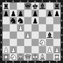 B03m - 3…d6 4.c4 Nb6 5.f4 dxe5 6.fxe5 Nc6 7.Nf3 Bg4 8.e6 fxe6 9.c5 - Four Pawns Attack Ilyin-Zhenevsky Variation
