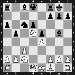 B33q - 5.Nc3 e5 6.Ndb5 d6 7.Bg5 a6 8.Na3 b5 9.Nd5 Be7 10.Bxf6 Bxf6 11.c3 O-O 12.Nc2 Bg5 - Pelikan Chelyabinsk [+0.08]