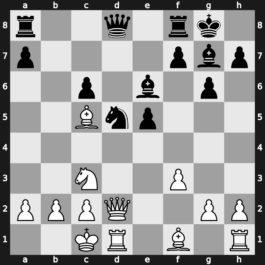 B76u - 8.Qd2 Nc6 9.O-O-O d5 10.exd5 Nxd5 11.Nxc6 bxc6 12.Bd4 e5 13.Bc5 Be6 - Dragon Yugoslav d5: [+0.67]