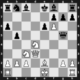 B96s - 7…b5 8.e5 dxe5 9.fxe5 Qc7 10.exf6 Qe5+ 11.Be2 Qxg5 12.Qd3 - Najdorf Polugaevsky [+0.33]