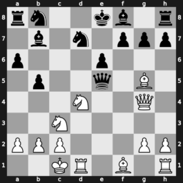 B96w - 7…b5 8.e5 dxe5 9.fxe5 Qc7 10.Qe2 Nfd7 11.O-O-O Bb7 12.Qg4 Qxe5 - Najdorf Polugaevsky [+0.87]