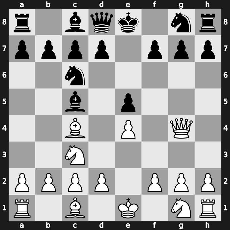 C25l - 2…Nc6 3.Bc4 Bc5 4.Qg4 [+0.17]