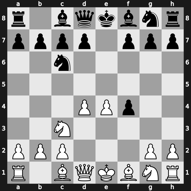 C25n - 2…Nc6 3.f4 exf4 4.d4 - Steinitz Gambit [-0.28]
