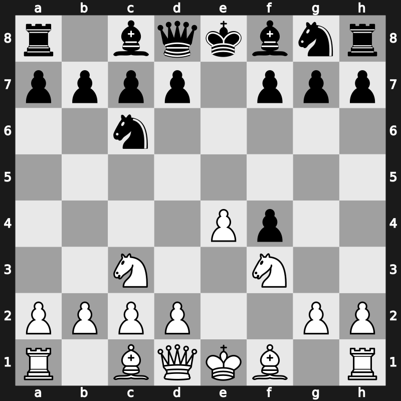 C25p - 2…Nc6 3.f4 exf4 4.Nf3 [-0.57]