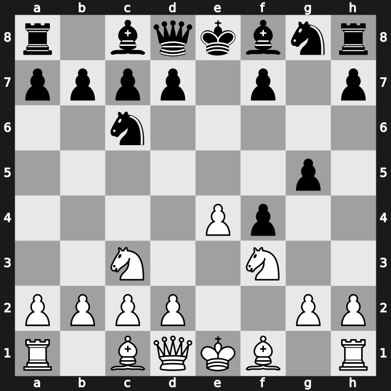 C25p - 2…Nc6 3.f4 exf4 4.Nf3 g5 [-0.52]