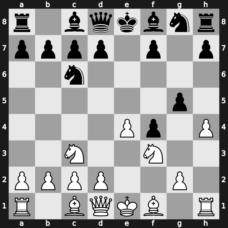 C25q - 2…Nc6 3.f4 exf4 4.Nf3 g5 5.h4 - Hamppe-Allgaier Gambit [-0.98]