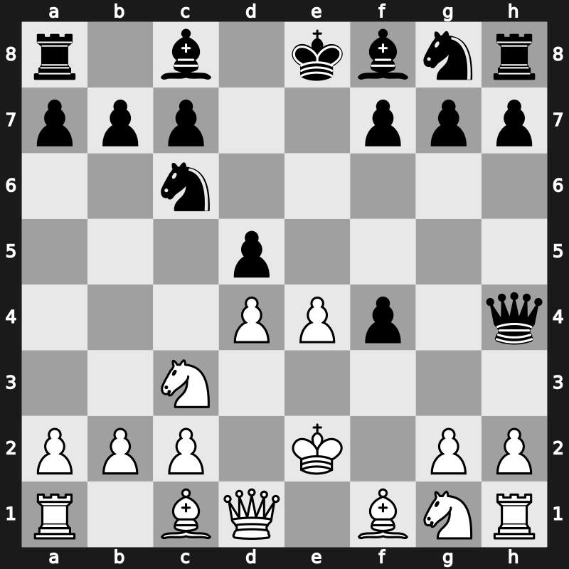 C25o - 2…Nc6 3.f4 exf4 4.d4 Qh4+ 5.Ke2 d5 - Steinitz Gambit Zukertort Defence [-0.26]