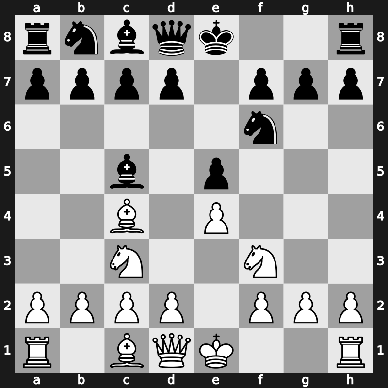 C26q - 3.Bc4 Bc5 4.Nf3 [-0.11]
