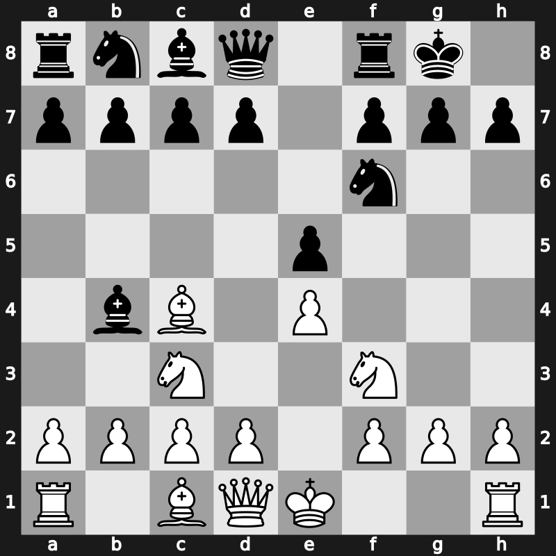 C26o - 3.Bc4 Bb4 4.Nf3 O-O [+0.32]