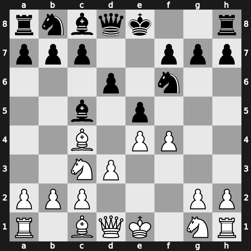 C26u - 3.Bc4 Bc5 4.d3 d6 5.f4 [-0.10]