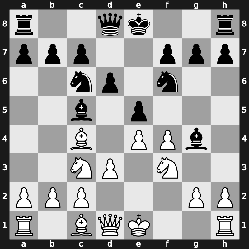 C28k - 4.d3 Bc5 5.f4 d6 6.Nf3 Bg4 [+0.23]