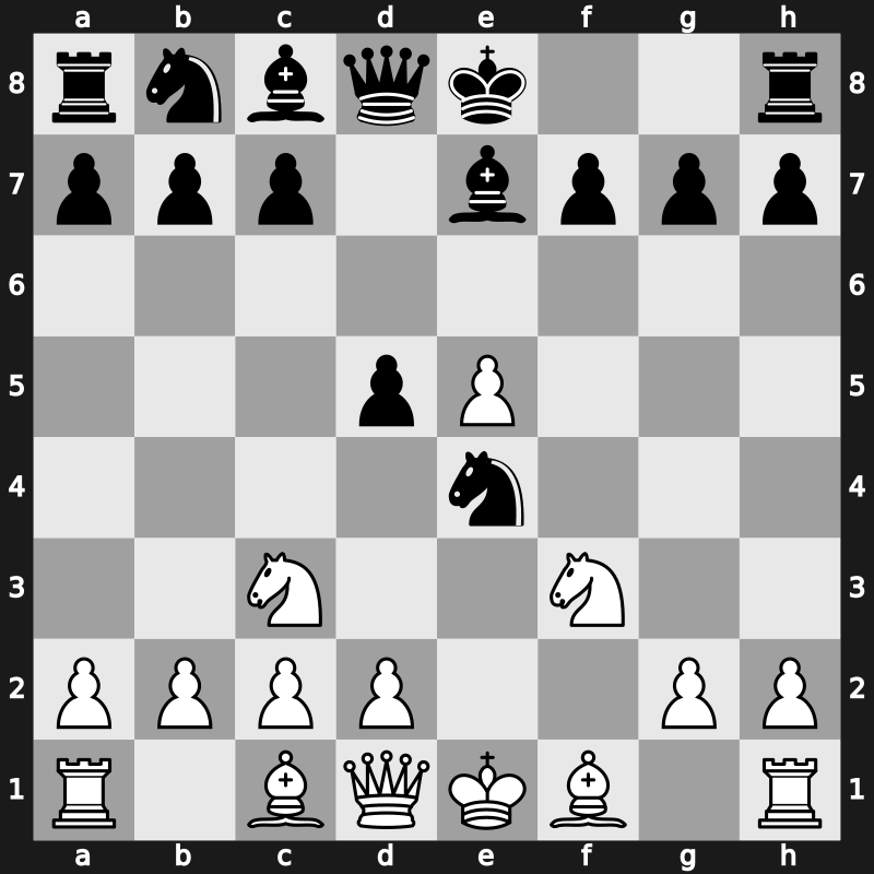 C29r - 3…d5 4.fxe5 Nxe4 5.Nf3 Be7 - Breyer Variation [-0.10]