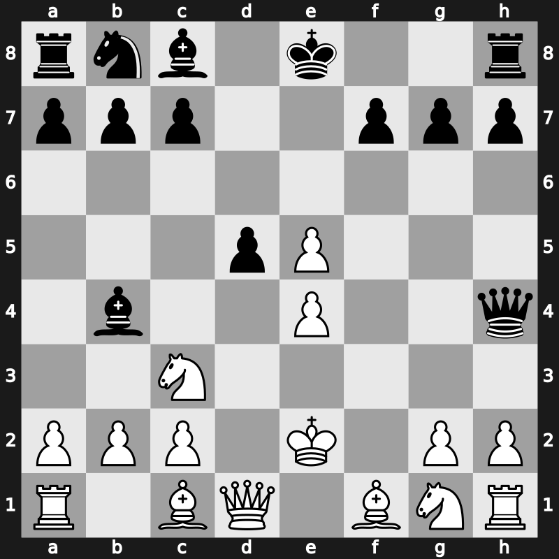 C29h - 3…d5 4.fxe5 Nxe4 5.d3 Bb4 6.dxe4 Qh4+ 7.Ke2 - Oxford [+0.00]