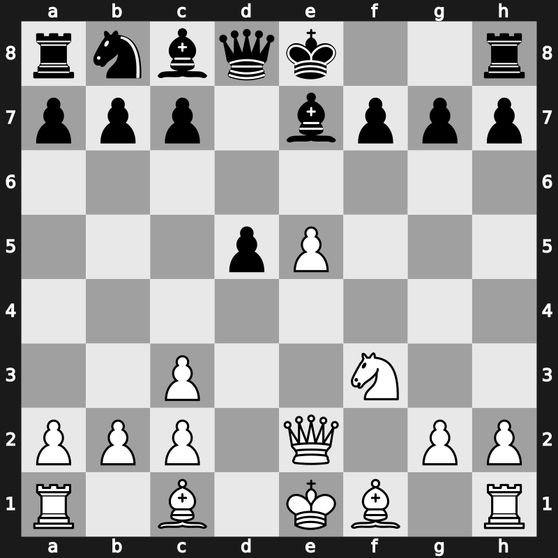 C29t - 3…d5 4.fxe5 Nxe4 5.Nf3 Be7 6.Qe2 Nxc3 7.dxc3 - Breyer [+0.00]