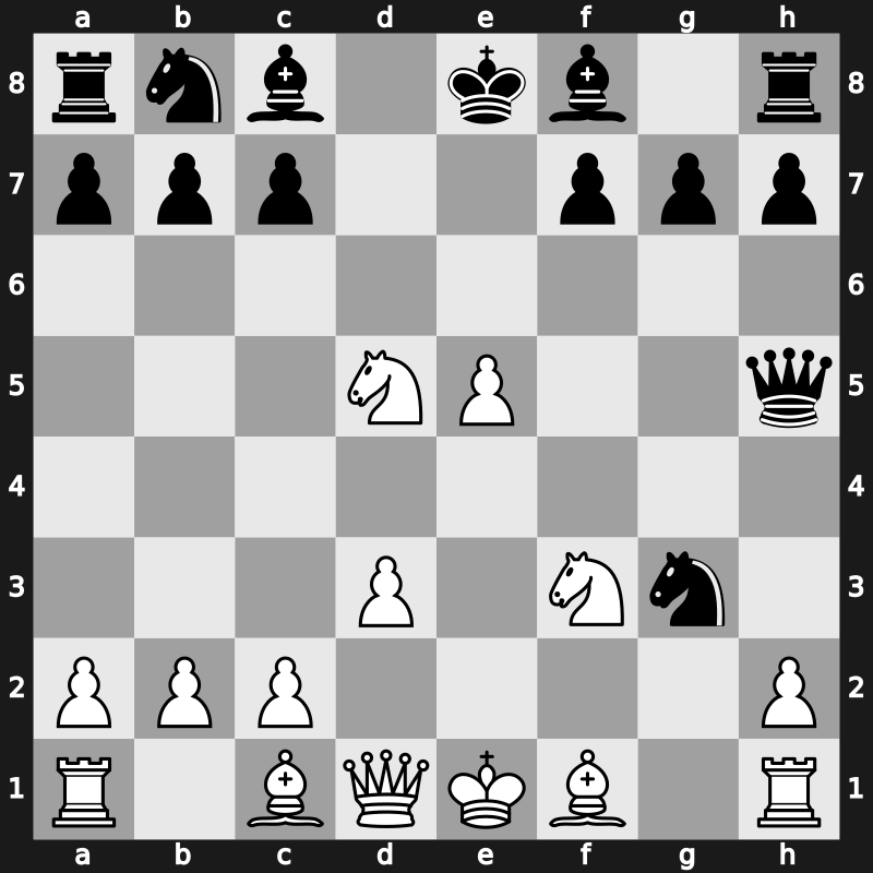 C29g - 3…d5 4.fxe5 Nxe4 5.d3 Qh4+ 6.g3 Nxg3 7.Nf3 Qh5 8.Nxd5 - Wurzburger Trap [+0.09]