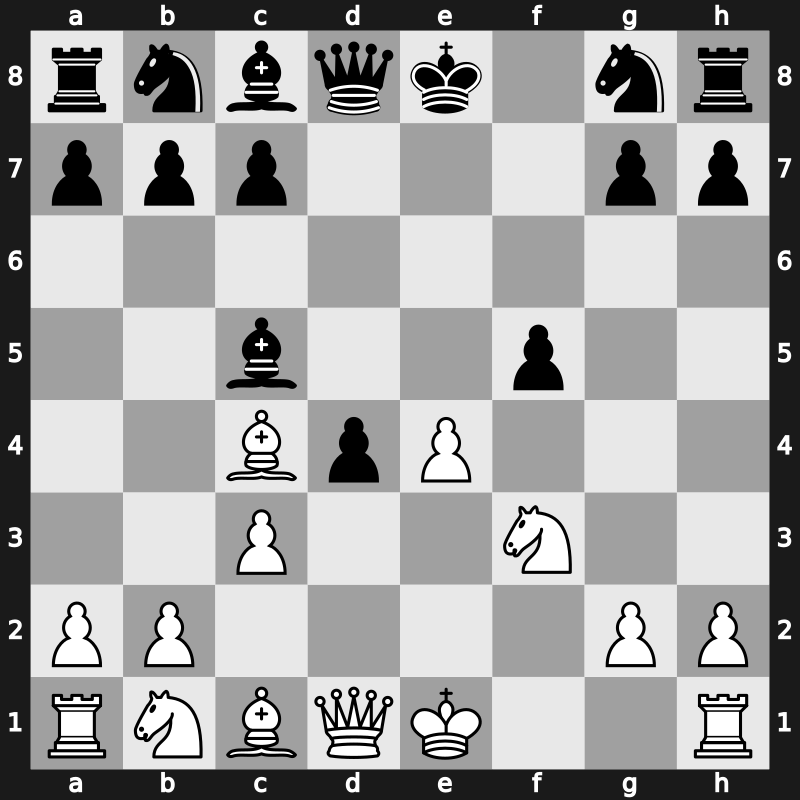 C30r - 2…Bc5 3.Nf3 d6 4.c3 f5 5.fxe5 dxe5 6.d4 exd4 7.Bc4 - KGD: Classical Reti Variation [-0.30]