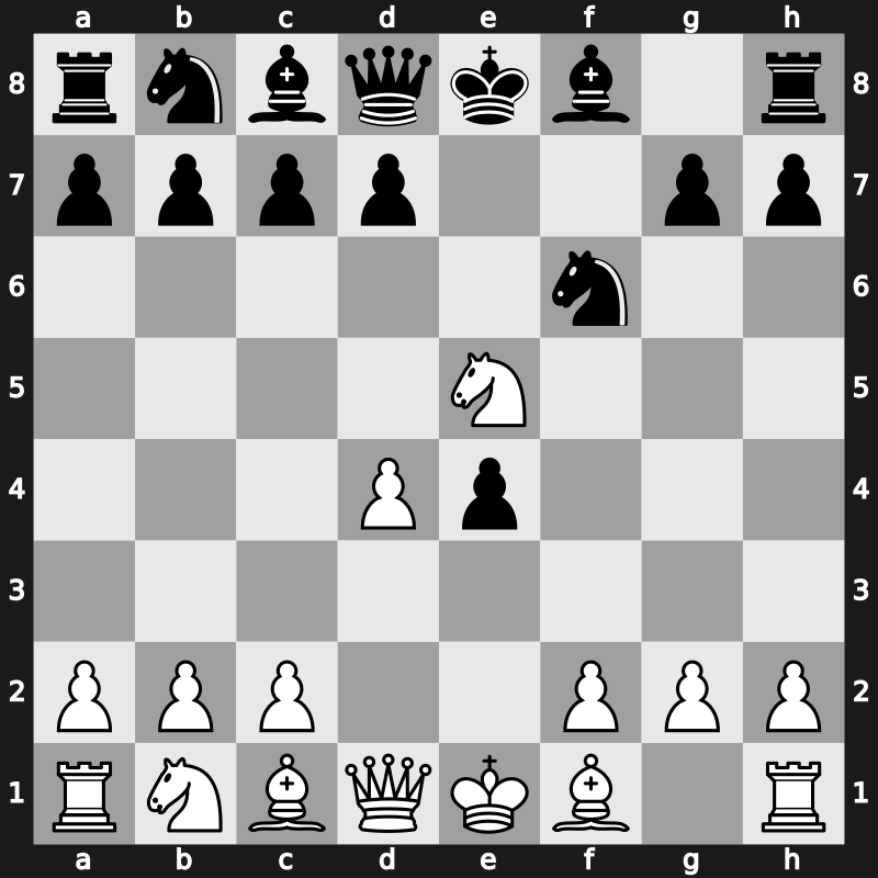 C40m - 2…f5 3.d4 fxe4 4.Nxe5 Nf6 - Latvian Gambit: [+0.37]